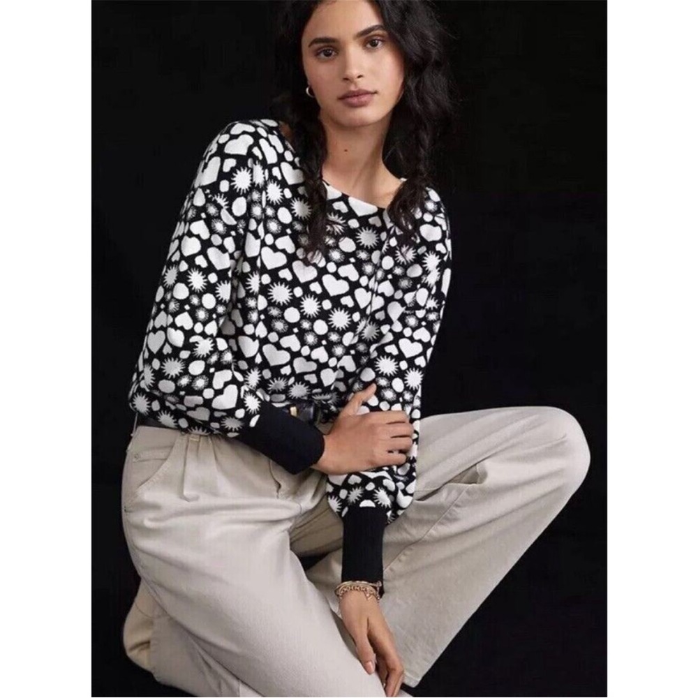 Anthropologie Maeve Heart Print Boat Neck Sweater Black White Large